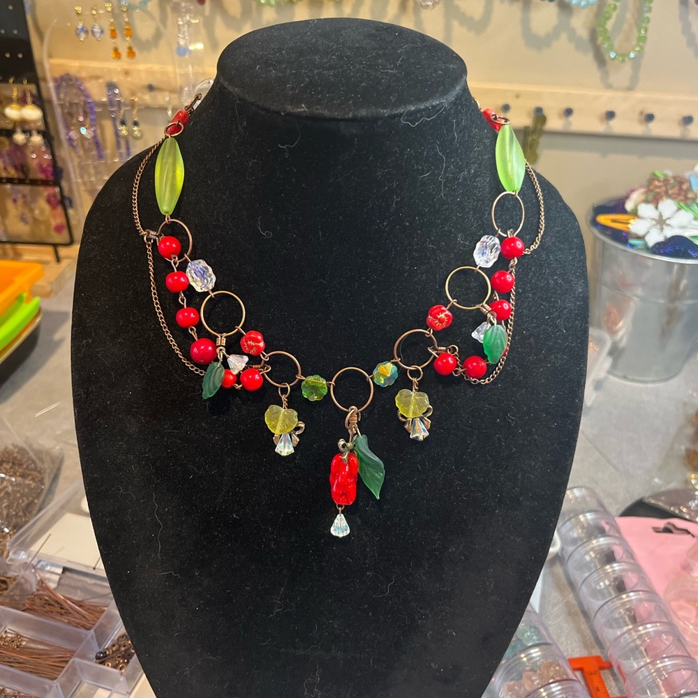 Elegant Red and Green Beaded Necklace